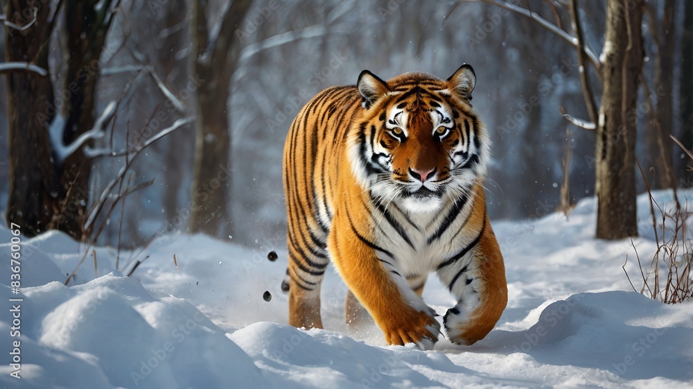Obraz premium Granater AI A tiger walking through snow-covered woods, blending in with the white landscape.