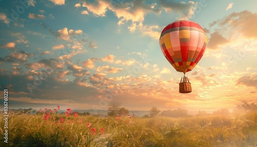 Floating on a Dream: The Serene Beauty of an Empty Basket Hot Air Balloon Against a Stunning Backgro © Paulius