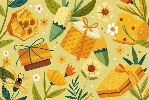 a pattern of bees and honeys, a pattern of bees and honeys, whimsical vector Illustration setreusable beeswax wraps, adorned with bee and honeycomb patterns