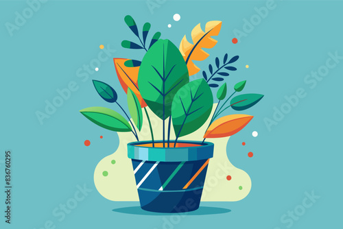 a plant in a pot with the words, how to grow a houseplant, a potted plant with leaves and flowers, whimsical vector Illustration houseplant in a modern pot