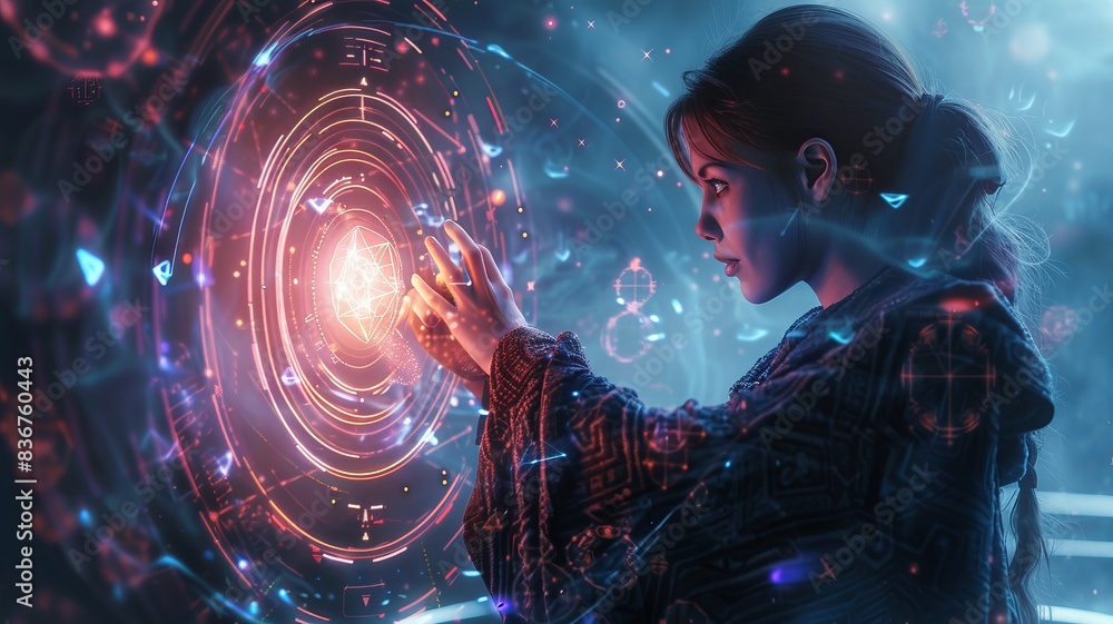 A mystical woman interacting with a glowing magical portal, surrounded by swirling lights and ethereal ambiance in a fantasy setting. A mystical woman interacting with a glowing magical portal, surrounded by swirling lights and ethereal ambiance in a fantasy setting.