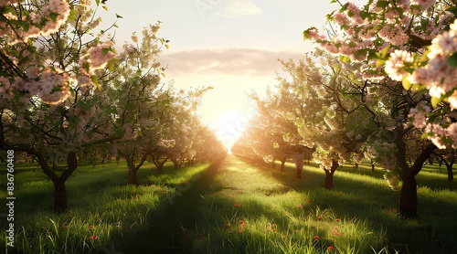 Blooming Landscape. Orchard in bloom with fruit trees covered in blossoms and green grass. Beautiful blooming landscape. photo