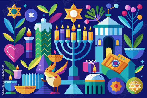 a man is lighting a menorah with candles, a hanukah celebration with a man and woman, vibrant Hanukkah scene incorporating traditional symbols and modern artistic elements
