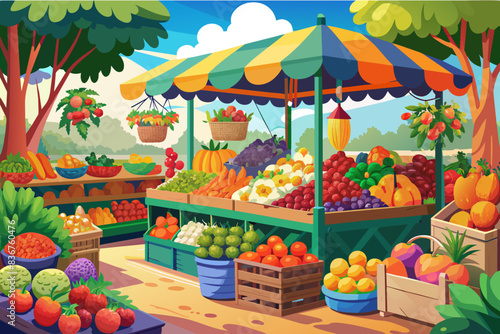a fruit stand with fruits and vegetables, a fruit stand with fruit and vegetables, vibrant vector bustling farmers market stall overflowing with fresh, seasonal fruits and vegetables