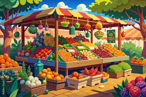 a fruit stand with fruits and vegetables, a fruit stand with fruit and vegetables, vibrant vector bustling farmers market stall overflowing with fresh, seasonal fruits and vegetables