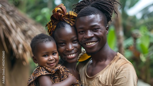 Togolese family. Togo. Families of the World. A smiling family of three with traditional African attire poses in front of a natural background with lush greenery. . #fotw photo