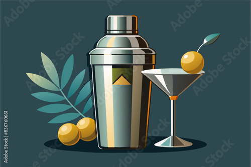 a cocktail shaker with a lemon and a martini glass, a cocktail glass with a lemon and a shaker, Art Deco cocktail shaker with a chrome finish and a single, oversized olive in the cup
