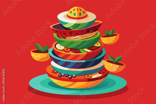 a stack of plates with different foods on them, a stack of plates with different foods on them, playful vector Illustration stack mismatched plates