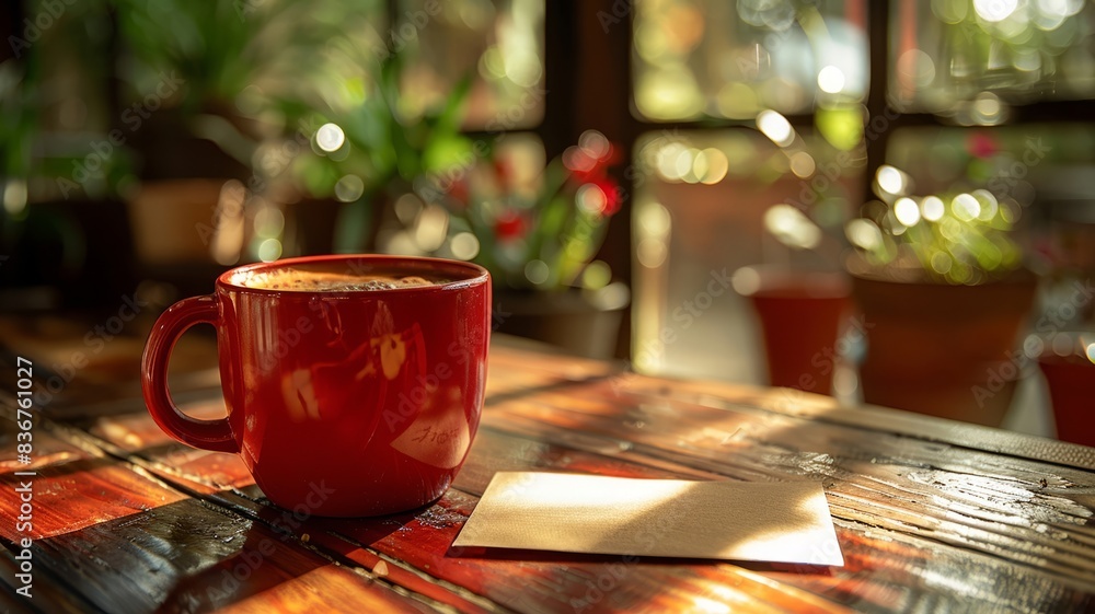 Red coffee mug on wooden table with blurred cafe background Red coffee mug on wooden table with blurred cafe background