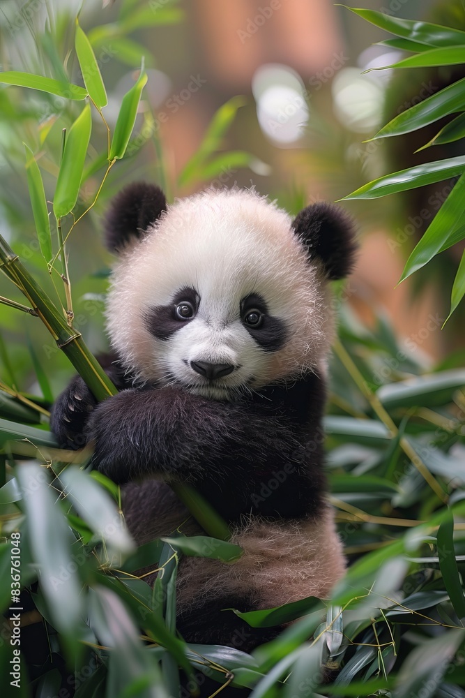 Fototapeta premium Adorable panda cub climbing bamboo. Perfect nature and wildlife image for animal lovers and conservation themes.