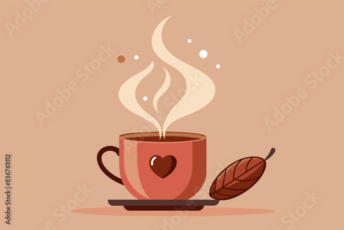 a cup of coffee with a heart on it, minimalist vector Illustration steaming cupcoffee, wisps rising in a heart shape, with a single coffee bean beside it photo