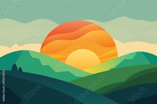 a sunset over a green field with hills, minimalist vector sunrise peeking over rolling hills, symbolizing a new day's possibilities