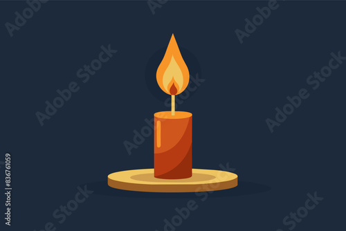 a candle with a flame on a plate, minimalist vector single lit candle casting a warm glow, creating a calming atmosphere
