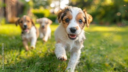 Adorable puppies running on green grass in a sunny garden, showcasing their playful and energetic nature.