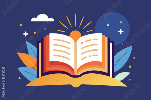 an open book with leaves and a sun in the background, minimalist vector book open to a single page with inspiring words, promoting daily motivation