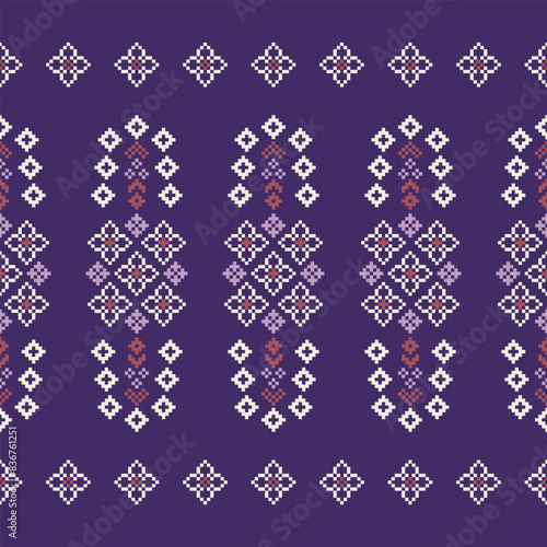 Traditional ethnic motifs ikat geometric fabric pattern cross stitch.Ikat embroidery Ethnic oriental Pixel purple violet background. Abstract,vector,illustration. Texture,scarf,decoration,wallpaper.