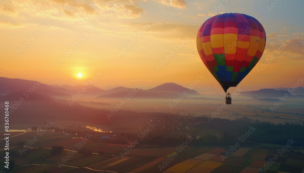 Obraz premium Vibrant Sunrise Journey: Spectacular 4K Hot Air Balloon Flight in Magnificent AR 7:4
