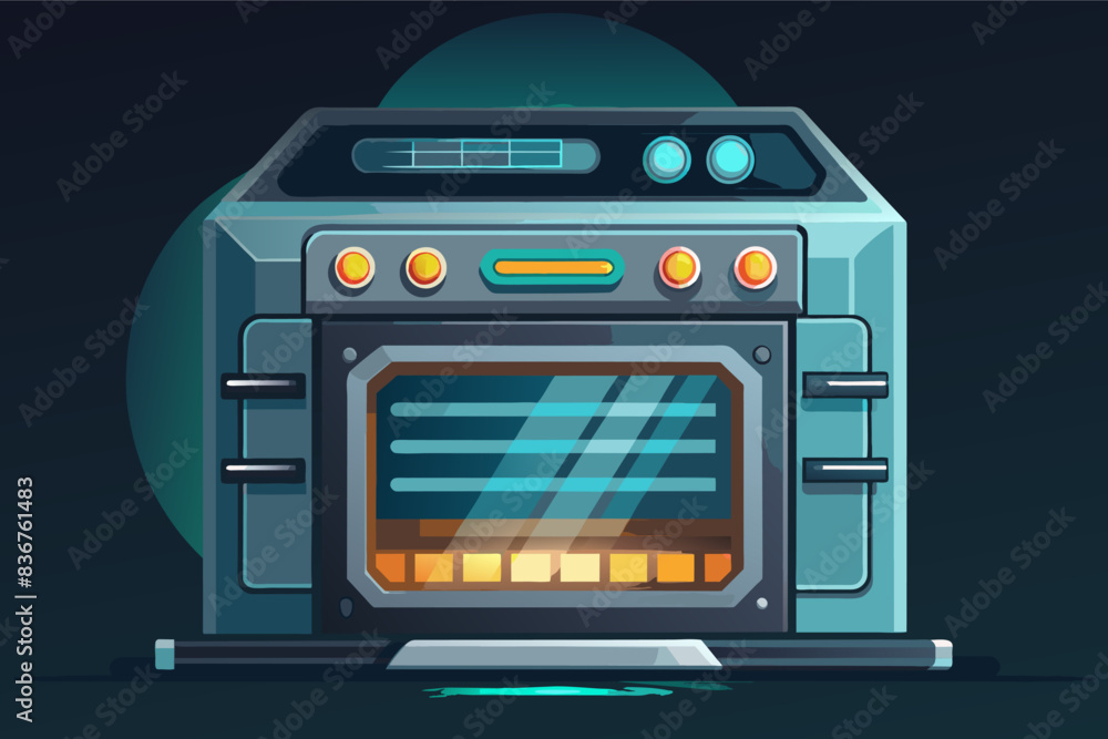 a cartoon oven with a glowing door, self-cleaning oven, featuring sleek metallic surfaces and glowing control panels a cartoon oven with a glowing door, self-cleaning oven, featuring sleek metallic surfaces and glowing control panels