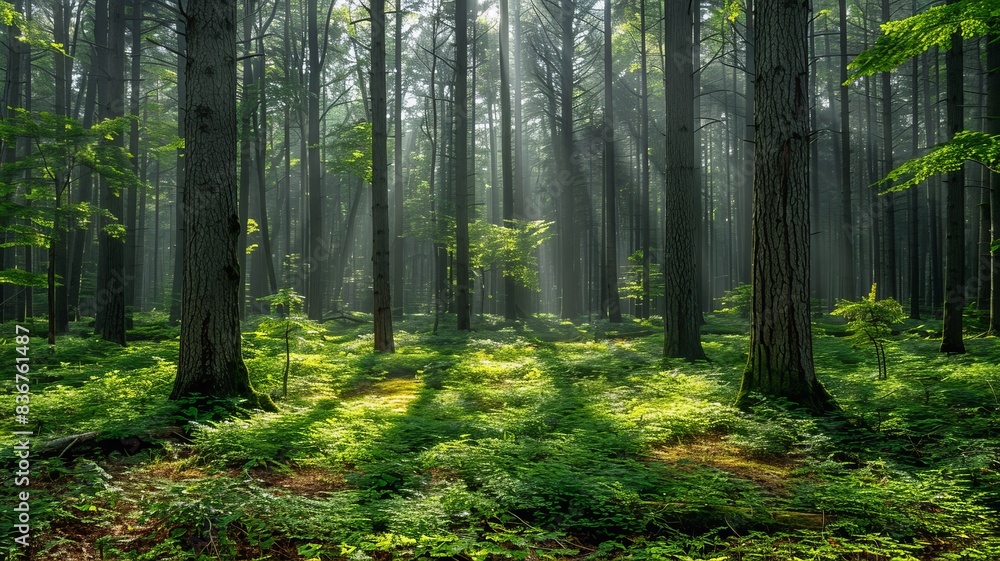 Fototapeta premium Beautiful forest landscape with sunlight filtering through tall trees, lush greenery covering the ground, and an atmosphere of peaceful serenity.