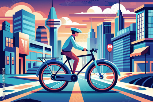 a man riding a bike down a street, self-driving car, navigating a cityscape with ease and efficiency