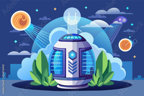 a blue and white air purifier with a city in the background, Futuristic vector designsleek, self-driving company car navigating a cityscape with ease