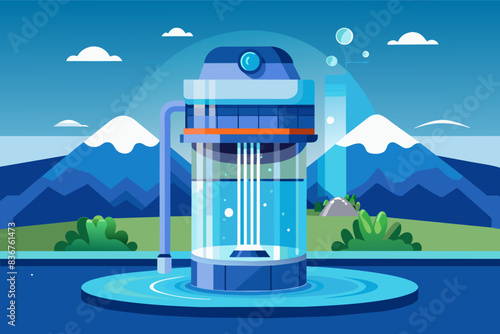 a water fountain with mountains in the background, self-cleaning water filter, providing fresh, clean water effortlessly