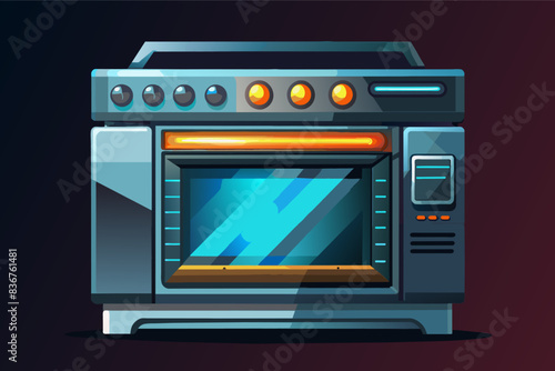 a cartoon oven with a glowing door, self-cleaning oven, featuring sleek metallic surfaces and glowing control panels