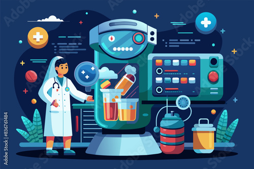 a person in a lab coat is making something, personalized medicine dispenser, precisely delivering medication with a user-friendly interface