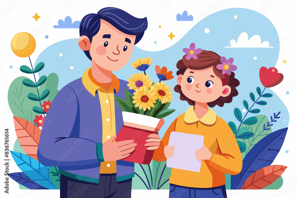 a man and a woman holding a book and flowers, father figure receiving a heartfelt homemade card and a bouquetwildflowers a man and a woman holding a book and flowers, father figure receiving a heartfelt homemade card and a bouquetwildflowers