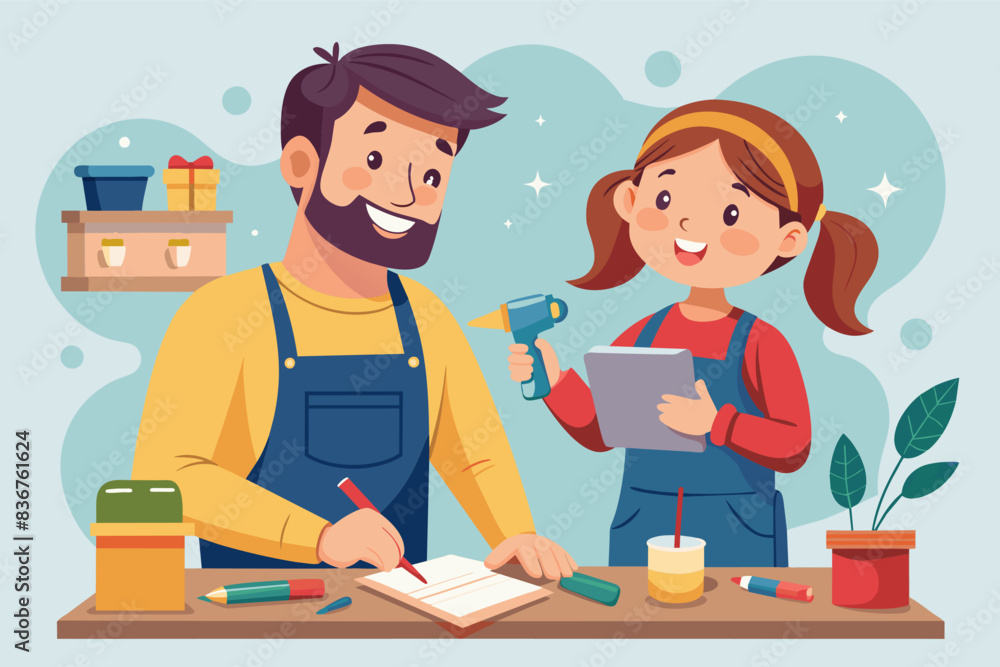 Cheerful father, happy daughter crafting., father and daughter sharing a laugh while working on a DIY project together Cheerful father, happy daughter crafting., father and daughter sharing a laugh while working on a DIY project together