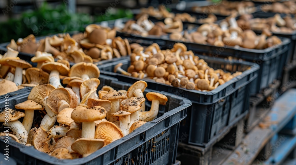 Mushrooms sorted and packed into eco-friendly crates, lined up in a row, ready to be loaded onto a delivery truck Mushrooms sorted and packed into eco-friendly crates, lined up in a row, ready to be loaded onto a delivery truck