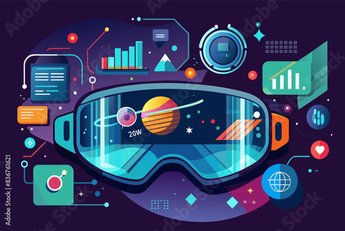 a virtual reality headset with a flat design, pairaugmented reality glasses, displaying information and graphics seamlessly integrated with the real world