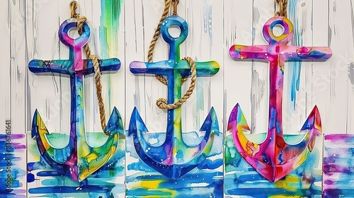 Three colorful anchors are painted on a white background. The colors are bright and vibrant, creating a cheerful and lively atmosphere. The painting seems to be inspired by the ocean Generative AI photo