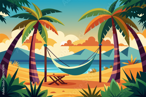 a bicycle parked in a hammock near a campfire, portable hammock strung between two palm trees, offering a place for relaxation amidst nature