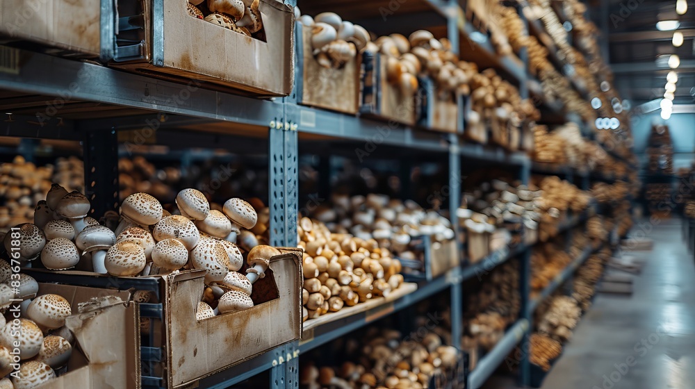 Mushrooms carefully placed in padded crates, organized on shelves, and awaiting shipment in a clean and organized warehouse Mushrooms carefully placed in padded crates, organized on shelves, and awaiting shipment in a clean and organized warehouse