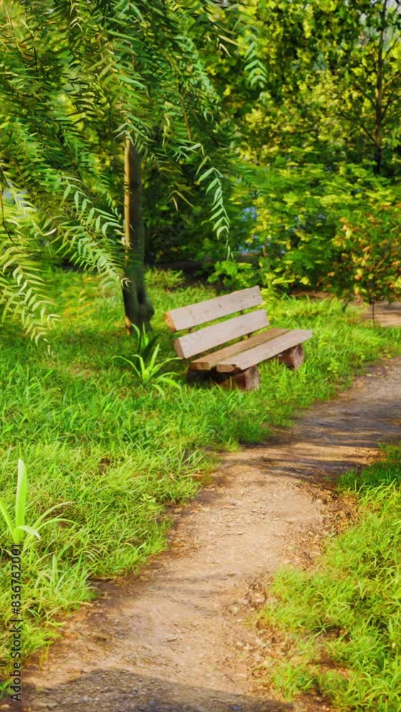 Bench in the summer park with old trees and footpath Bench in the summer park with old trees and footpath