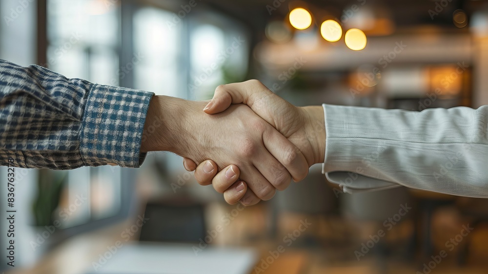 Close-up of a business handshake in an office setting, symbolizing partnership, agreement, and teamwork, blurred background with lights. Close-up of a business handshake in an office setting, symbolizing partnership, agreement, and teamwork, blurred background with lights.