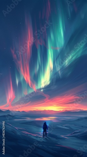 A serene winter night depicted in a simple, digital art style, highlighting the mesmerizing spectacle of aurora borealis. The glowing horizon and the colorful sky add a touch of magic to the stark, © taelefoto