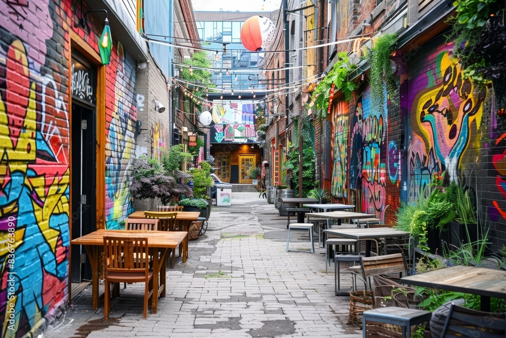 Fototapeta premium A vibrant, street art-covered alleyway in a trendy urban neighborhood generated by AI