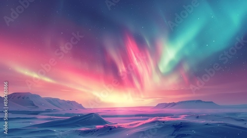 A minimalist illustration of a remote arctic landscape bathed in the soft, colorful glow of aurora borealis. The abstract, flowing shapes of the northern lights add a sense of movement and wonder to