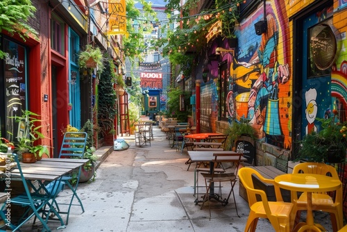 A vibrant, street art-covered alleyway in a trendy urban neighborhood generated by AI © PZPIXEL.AI