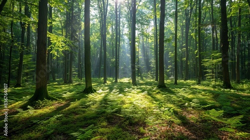 Serene green forest with tall trees, sunlight filtering through leaves, casting shadows on a mossy forest floor. Peaceful nature scenery. © NEW