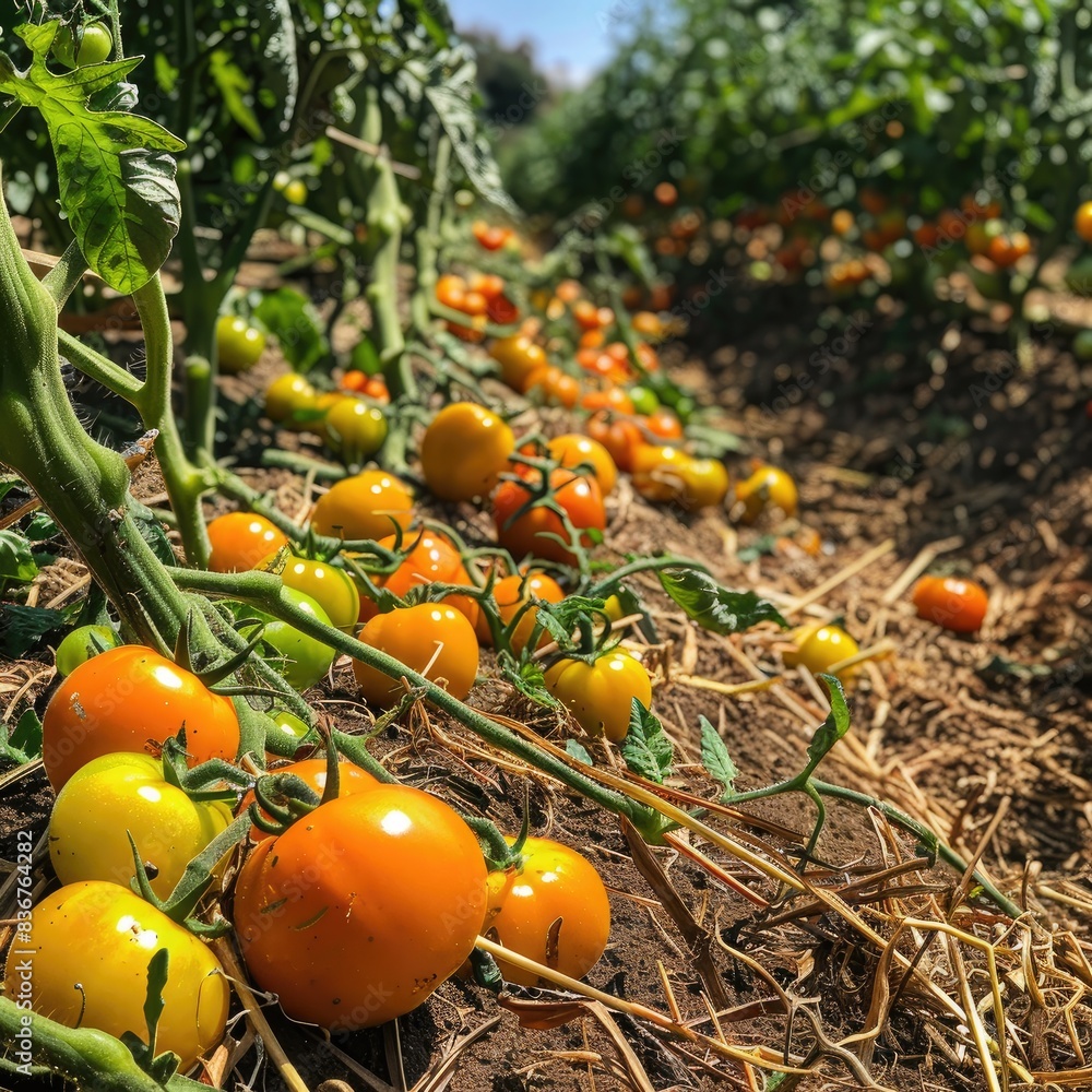 Bountiful Tomato Plants in an Open Field Featuring a Vibrant Mix of Yellow-Orange and Bright Red Fruits with Neatly Bunded Roots and Brown Mulch Bountiful Tomato Plants in an Open Field Featuring a Vibrant Mix of Yellow-Orange and Bright Red Fruits with Neatly Bunded Roots and Brown Mulch