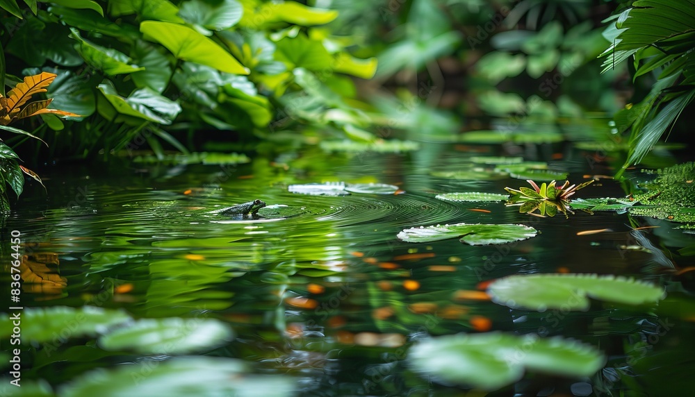 Lush tropical pond with green lily pads and vibrant foliage, creating a serene natural landscape reflecting tranquility and beauty in nature. Lush tropical pond with green lily pads and vibrant foliage, creating a serene natural landscape reflecting tranquility and beauty in nature.