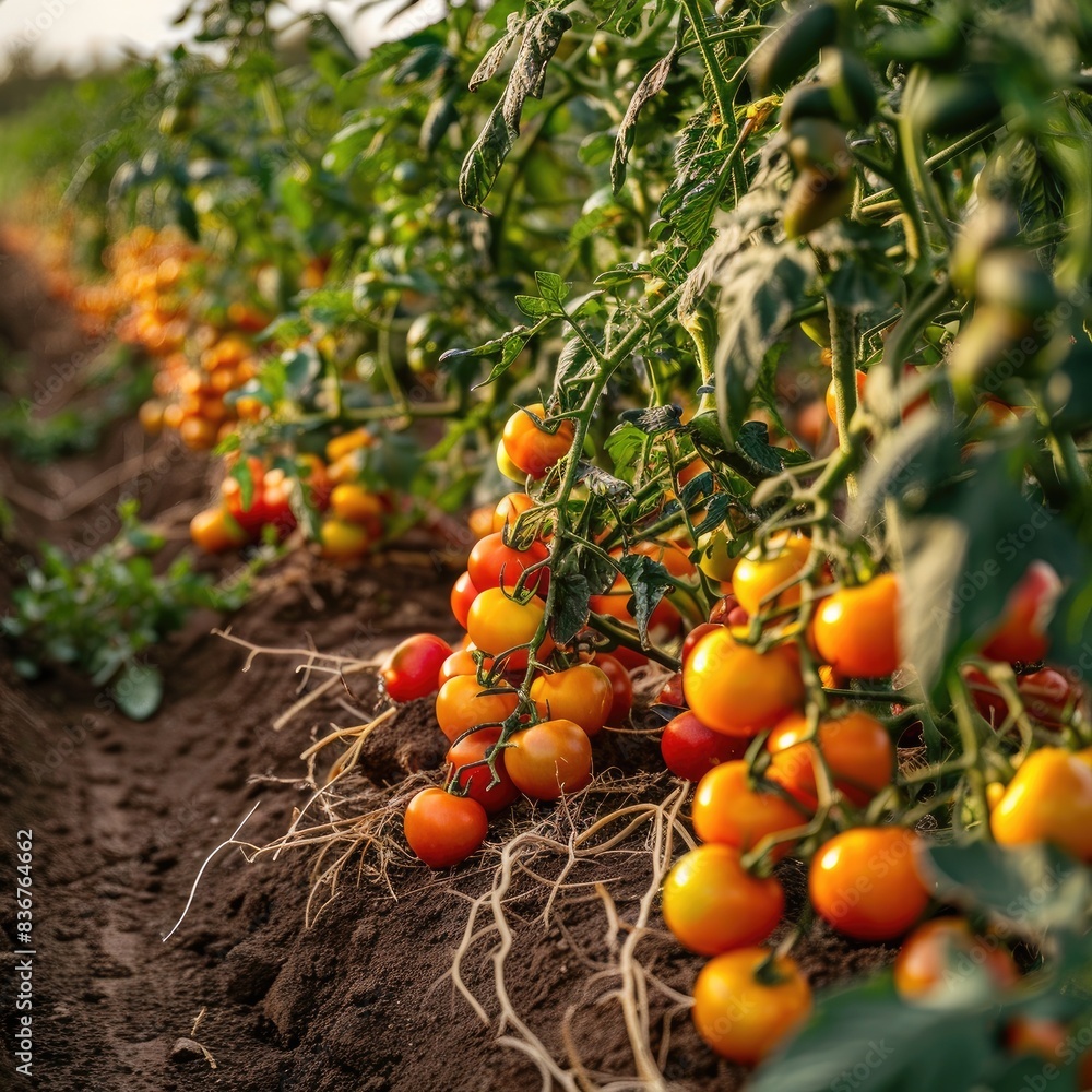 Bountiful Tomato Plants in an Open Field Featuring a Vibrant Mix of Yellow-Orange and Bright Red Fruits with Neatly Bunded Roots and Brown Mulch Bountiful Tomato Plants in an Open Field Featuring a Vibrant Mix of Yellow-Orange and Bright Red Fruits with Neatly Bunded Roots and Brown Mulch