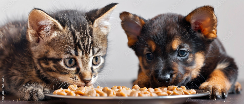 A close-up of a kitten and puppy enjoying their meal on an isolated solid background, positioned in the corner A close-up of a kitten and puppy enjoying their meal on an isolated solid background, positioned in the corner