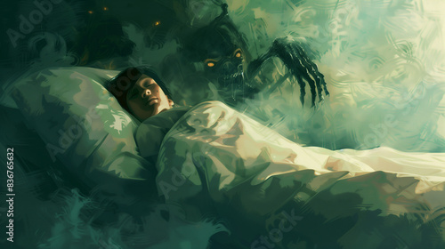 Person sleeping with a demonic figure looming over. Sleep paralysis.