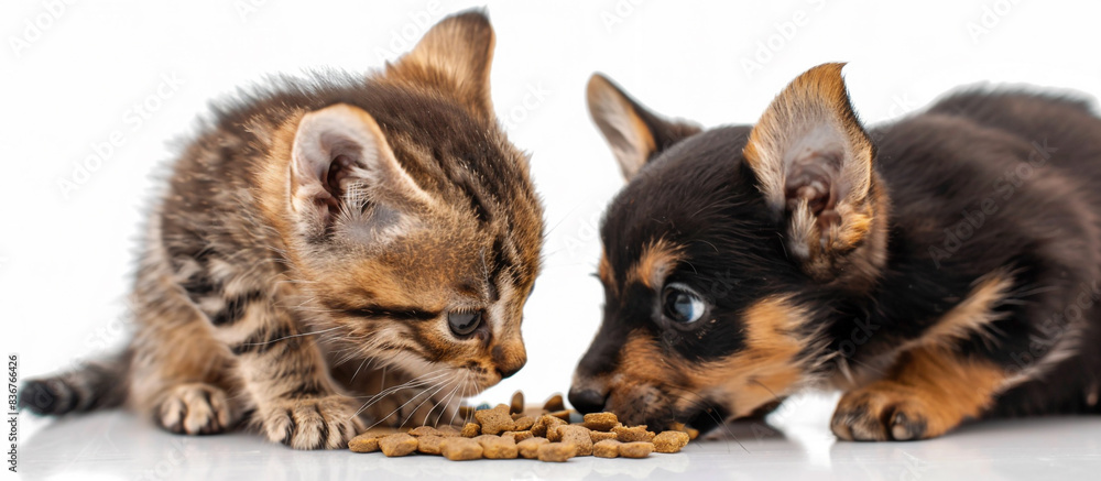 A close-up of a kitten and puppy eating together on an isolated solid background, set in the corner of the image A close-up of a kitten and puppy eating together on an isolated solid background, set in the corner of the image