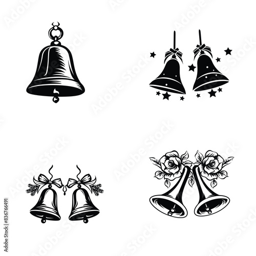 Silhouette three Christmas bells hanging from a ribbon on white background Vector illustration