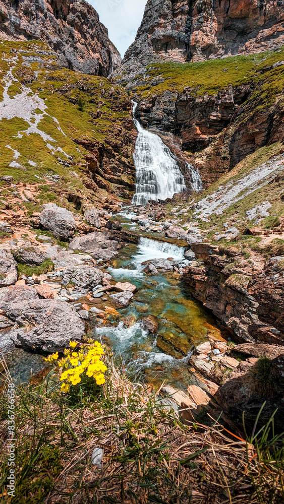 Obraz premium Admiring the majesty of the Arazas River waterfall in the magical setting of Ordesa y Monte Perdido National Park, a natural jewel in the Pyrenees of Huesca, Aragon. 